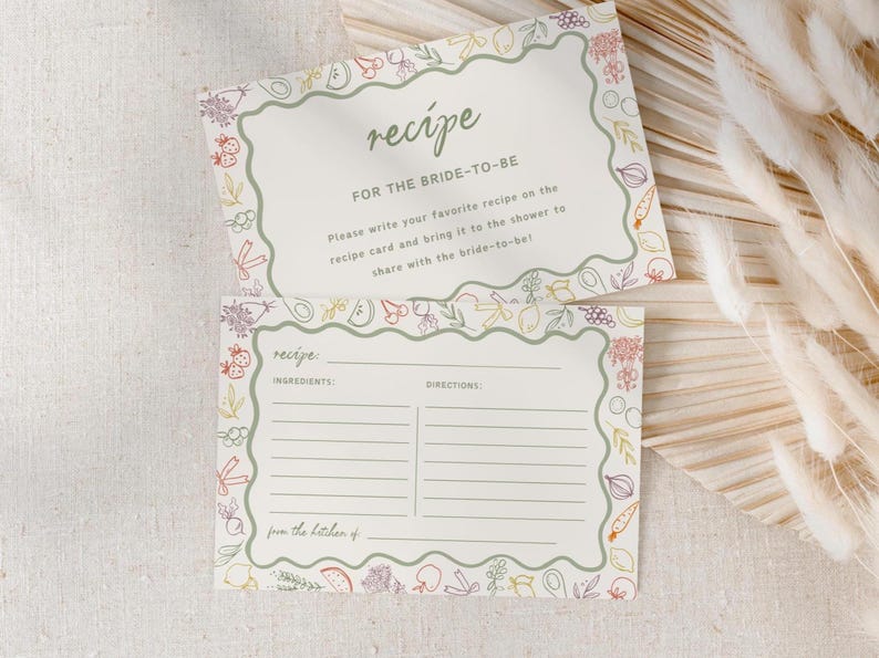 May include: A printable recipe card with a green border and a floral design. The card has a section for ingredients and directions. The text on the card says "recipe" and "For the bride-to-be".