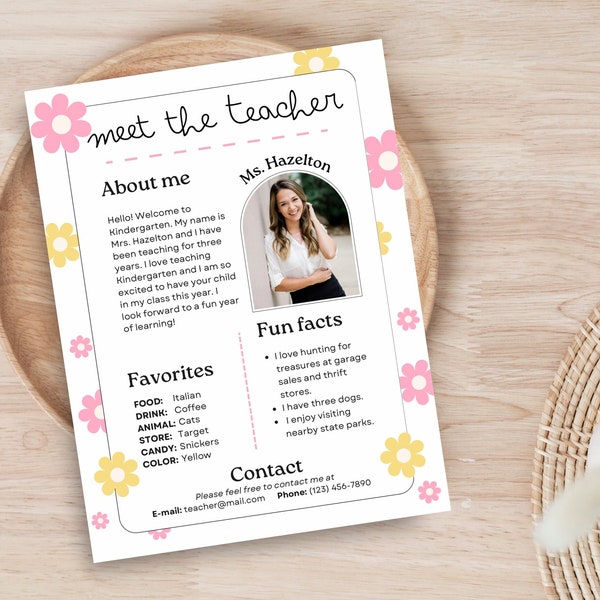 Meet the Teacher | Meet the Student Teacher Editable Printable Canva Template All About the Teacher Groovy Retro Flowers Instant Download