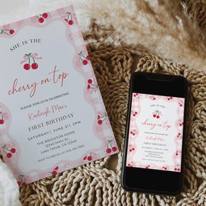 Cherry on Top Birthday Invitation shown as a printed card and as a digital invitation on a phone.
