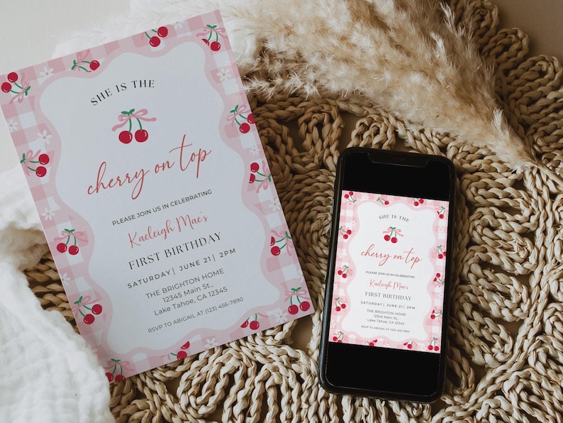 Cherry on Top Birthday Invitation shown as a printed card and as a digital invitation on a phone.