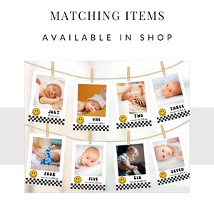 May include: A set of eight black and white photo frames with a chequered pattern and a yellow smiley face. Each frame features a baby at different ages, with the text "Just born", "One month", "Two months", "Three months", "Four months", "Five months", "Six months", and "Seven months".