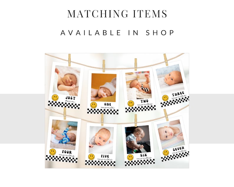 May include: A set of eight black and white photo frames with a chequered pattern and a yellow smiley face. Each frame features a baby at different ages, with the text "Just born", "One month", "Two months", "Three months", "Four months", "Five months", "Six months", and "Seven months".