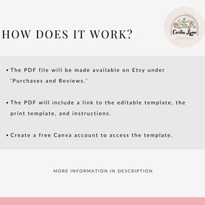 May include: A white background with black text explaining how to access a downloadable PDF file with instructions and links to editable templates. The text reads "HOW DOES IT WORK?" and includes bullet points: "The PDF file will be made available on Etsy under 'Purchases and Reviews.'", "The PDF will include a link to the editable template, the print template, and instructions.", and "Create a free Canva account to access the template.". The text "MORE INFORMATION IN DESCRIPTION" is at the bottom of the page. The image also includes a logo with the text "Cecilia Lynn Designs" in a circle with a floral design.