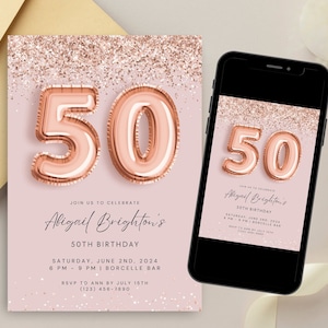 Rose Gold 50th Birthday Invitation, Printable 50th Birthday Invite Canva Template, Birthday Evite, Instant Download