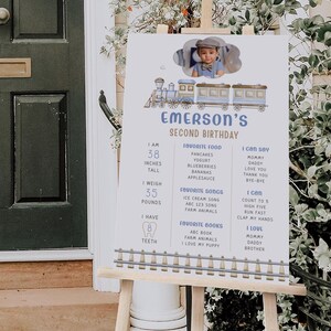 Train milestone sign is shown on a wooden easel outside, printed as a 24x36" sign.