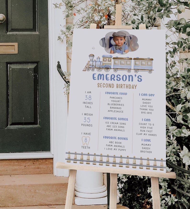 Train milestone sign is shown on a wooden easel outside, printed as a 24x36" sign.