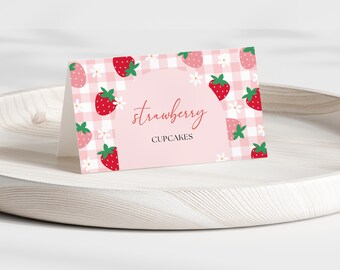 Cartes d'étiquettes de nourriture pour le premier anniversaire des petits fruits, cartes de tente modifiables aux fraises pour le 1er anniversaire, décoration de fête imprimable pour le premier anniversaire des petits fruits A14, A125