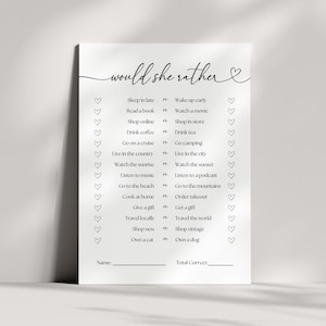 May include: A printable "Would She Rather" game with a black and white design. The game features a list of 16 questions with two choices each. The questions are about lifestyle preferences, such as whether someone would rather sleep in late or wake up early, read a book or watch a movie, drink coffee or drink tea, and so on.