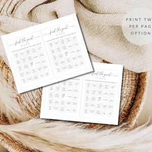 Op de afbeelding: Twee printbare bingokaarten met de titel "Find the Guest Bingo". Elke kaart heeft een 5x5 raster met verschillende prompts zoals "Heeft een tatoeage", "Draagt een hoed", "Heeft een huisdier", "Viert een verjaardag", en "Draagt een bril".