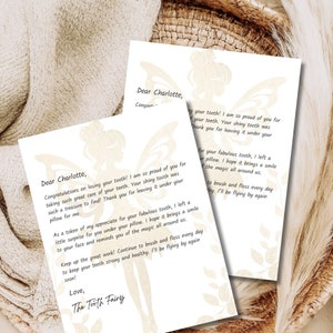 May include: A printable tooth fairy letter with a delicate butterfly design in beige and white. The letter is addressed to Charlotte and congratulates her on losing her tooth. It encourages her to continue brushing and flossing.