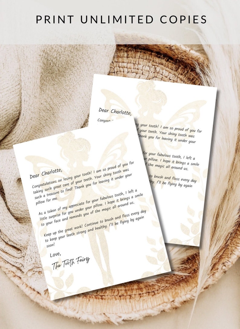 May include: A printable tooth fairy letter with a delicate butterfly design in beige and white. The letter is addressed to Charlotte and congratulates her on losing her tooth. It encourages her to continue brushing and flossing.