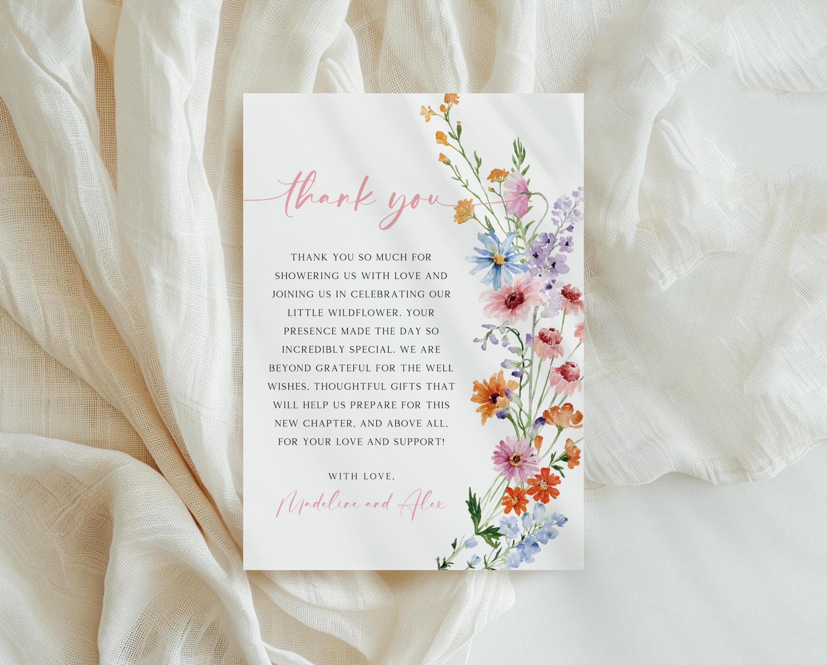 Wildflower Thank You Card Template, Editable Baby in Bloom Thank You ...