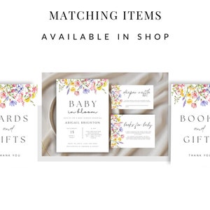 Matching Baby in Bloom Baby Shower items available in shop including a Baby in Bloom invitation, diaper raffle card, books for baby card, Books and Gifts sign, Cards and Gifts sign, and more.
