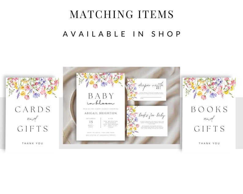 Matching Baby in Bloom Baby Shower items available in shop including a Baby in Bloom invitation, diaper raffle card, books for baby card, Books and Gifts sign, Cards and Gifts sign, and more.