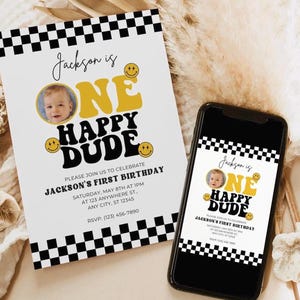 One Happy Dude Invitation Template, Printable 1st Birthday Boy Invitation, Editable One Happy Dude Birthday Party Invites A11