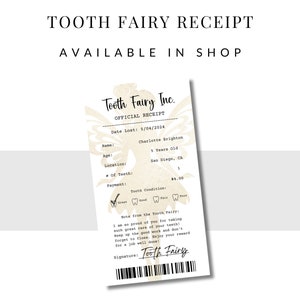 May include: A Tooth Fairy receipt with a whimsical design. The receipt is dated 5/04/2024 and is made out to Charlotte Brighton, who is 5 years old. The receipt states that Charlotte lost a tooth in San Diego, CA. The Tooth Fairy paid $4.00 for the tooth, which was in good condition. The receipt includes a note from the Tooth Fairy encouraging good dental hygiene.