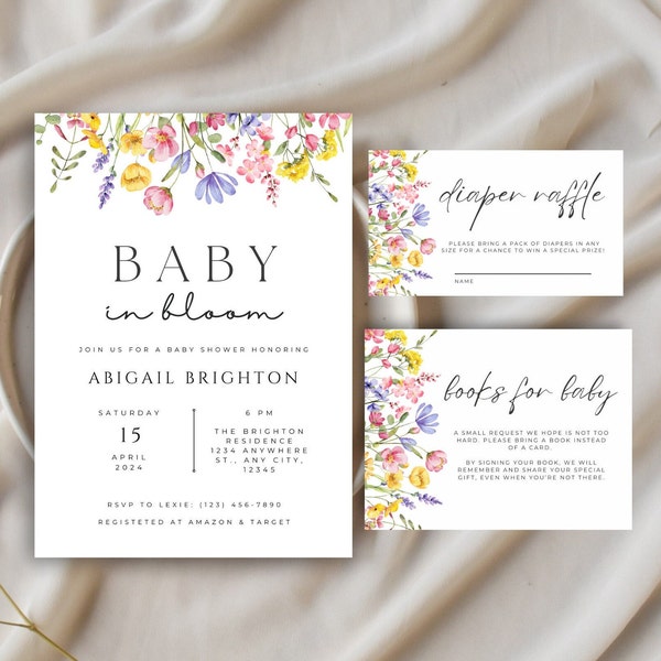 Baby in Bloom Invitation Set, Printable Girl Baby Shower Invitations, Editable Baby in Bloom Invite, Digital Invitation Templates, A12