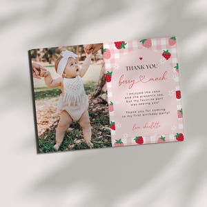 Berry 1st Birthday Thank You Card Template shown laying flat.