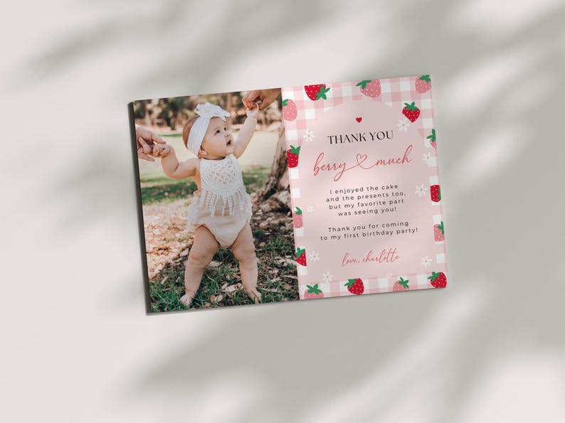 Berry 1st Birthday Thank You Card Template shown laying flat.