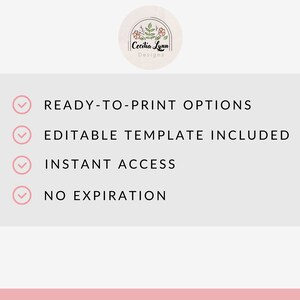 May include: A checklist with four items: Ready-to-print options, Editable template included, Instant access, and No expiration.