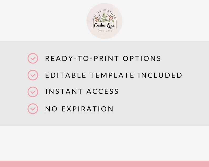 May include: A checklist with four items: Ready-to-print options, Editable template included, Instant access, and No expiration.