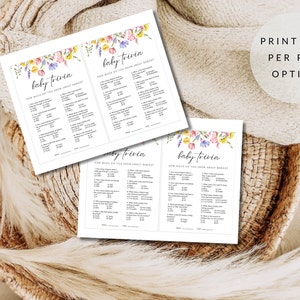 Two 5x7 baby trivia games shown on 8.5x11" paper as a  print two per page option.