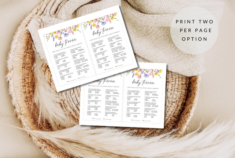 Two 5x7 baby trivia games shown on 8.5x11" paper as a  print two per page option.