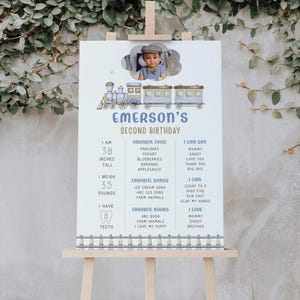 Train 2nd Birthday Sign printed as an 18x24" on a wooden easel outside infant of a stone wall.