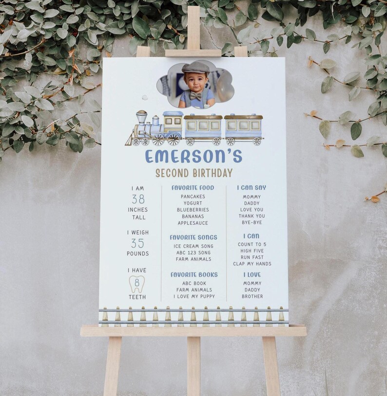 Train 2nd Birthday Sign printed as an 18x24" on a wooden easel outside infant of a stone wall.