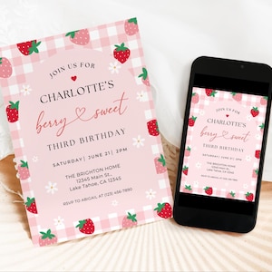 Strawberry Birthday Invitation, Editable Berry Sweet Invite, Printable Birthday Girl Invitation Template, Strawberry Invitation Template