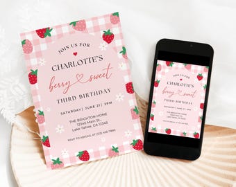 Strawberry Birthday Invitation, Editable Berry Sweet Invite, Printable Birthday Girl Invitation Template, Strawberry Invitation Template