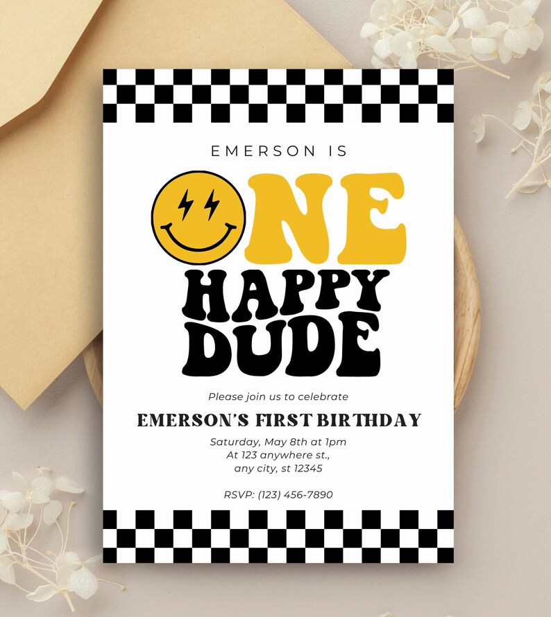 photo shows the one happy dude invitation laying flat.