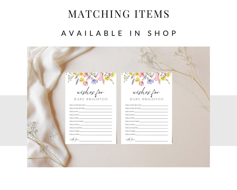 May include: Two printable baby shower cards with a floral design. The cards have the text "Wishes for Baby Brighton" and a list of wishes for the baby.