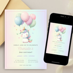 Unicorn Birthday Invitation, Pastel Rainbow Unicorn Party, Unicorn Invitation, Editable Unicorn Birthday Girl Invite, Unicorn Mobile Evite