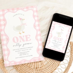 May include: Pink and white birthday invitation with a cartoon goose wearing a party hat. The invitation reads "ONE silly goose" and includes event details. A smartphone displays the same design.