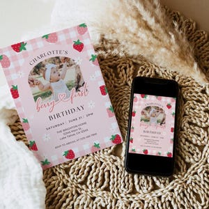 May include: Pink and white gingham birthday invitation with a strawberry pattern. The invitation features a photo of a baby girl and the text "Charlotte's Berry First Birthday" with the date and time of the party. RSVP information is included at the bottom.