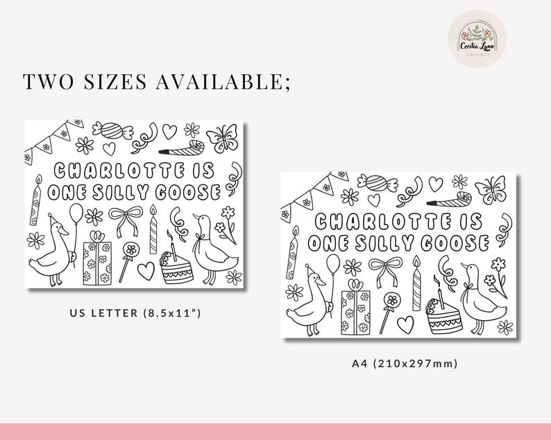 May include: Black and white coloring page with the text "CHARLOTTE IS ONE SILLY GOOSE". The page includes illustrations of a goose, cake, gifts, balloons, and other party-themed elements. Available in US Letter (21.6x27.9 cm) and A4 (210x297mm) sizes.