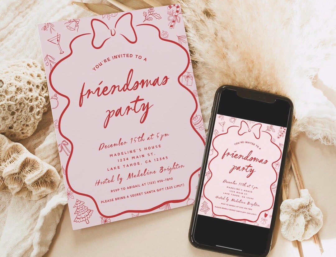 Friendsmas Invitation, Printable Pink Christmas Party Invitation