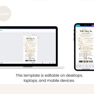 Op de afbeelding: Een digitaal sjabloon voor een tandenfee-ontvangstbewijs. Het sjabloon bevat een fantasievolle illustratie van een fee met een tand in haar hand. De tekst op het sjabloon luidt "Tooth Fairy Inc. Official Receipt".