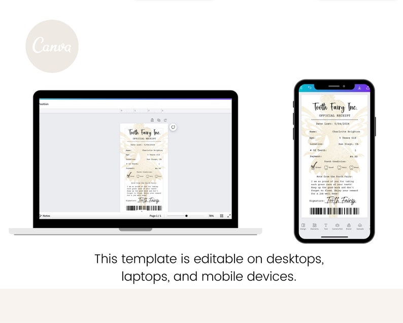 Op de afbeelding: Een digitaal sjabloon voor een tandenfee-ontvangstbewijs. Het sjabloon bevat een fantasievolle illustratie van een fee met een tand in haar hand. De tekst op het sjabloon luidt "Tooth Fairy Inc. Official Receipt".