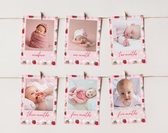 Eerste verjaardagsbanner Berry, mijlpaalkaarten met foto's, aardbei 1e verjaardag meisje decor, afdrukbare Berry eerste verjaardagsversieringen A14