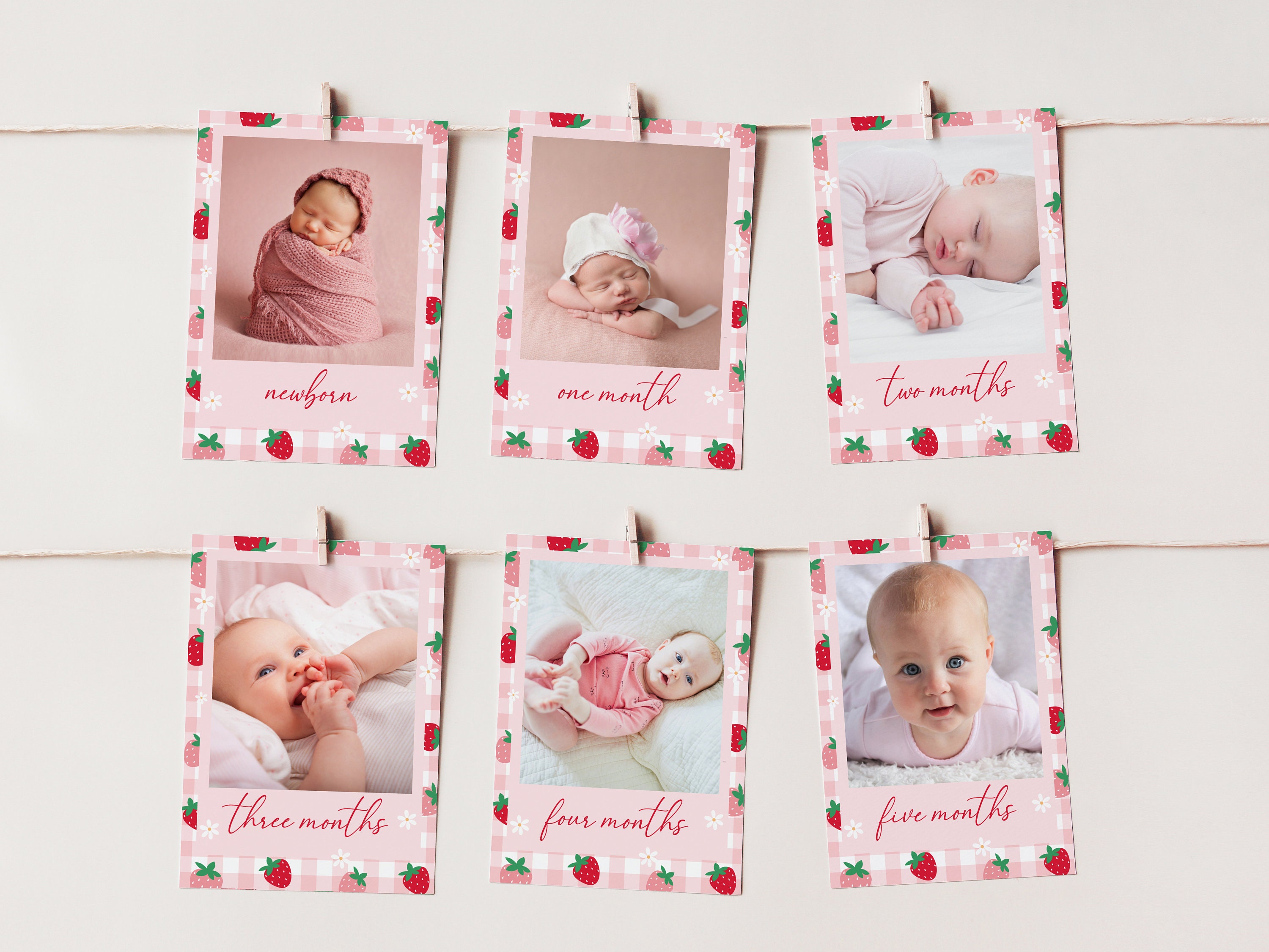Faixa de primeiro aniversário com frutas vermelhas, cartões comemorativos com fotos, decoração de primeiro aniversário de morango para menina, decorações de primeiro aniversário com frutas vermelhas para imprimir A14
