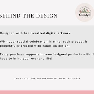 Puede incluir: Un gr&aacute;fico informativo blanco titulado BEHIND THE DESIGN que presenta el logotipo de Cecilia Lynn Designs con ilustraciones florales. El texto describe obras de arte digitales hechas a mano y productos dise&ntilde;ados por humanos, terminando con THANK YOU FOR SUPPORTING MY SMALL BUSINESS.