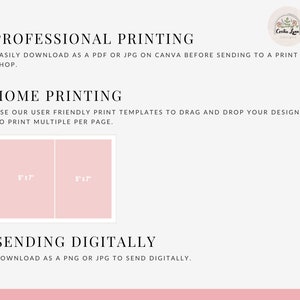 May include: A pink and white graphic with text that reads "Professional Printing", "Easily download as a PDF or JPG on Canva before sending to a print shop.", "Home Printing", "Use our user friendly print templates to drag and drop your design to print multiple per page.", "5"x7" and "5"x7" and "Sending Digitally", "Download as a PNG or JPG to send digitally."