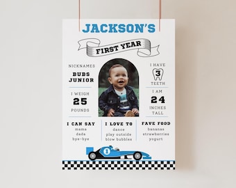 Fast One verjaardag mijlpaal poster, bewerkbare blauwe raceauto verjaardag mijlpaal poster sjabloon, afdrukbare 1e feestvarken teken, A127