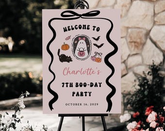 Letrero de bienvenida para fiesta de Halloween, editable, rosa, A135