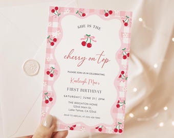 Cherry Birthday Invitation, Editable Birthday Girl Invitation Template, Printable Cherry on Top Digital Invite, Instant Download A130