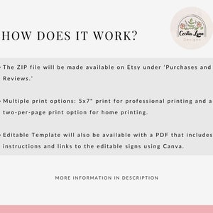 May include: A white background with pink text explaining how a digital product works. The text says "HOW DOES IT WORK?" and lists the following information: "The ZIP file will be made available on Etsy under 'Purchases and Reviews.'", "Multiple print options: 5x7" print for professional printing and a two-per-page print option for home printing.", "Editable Template will also be available with a PDF that includes instructions and links to the editable signs using Canva."