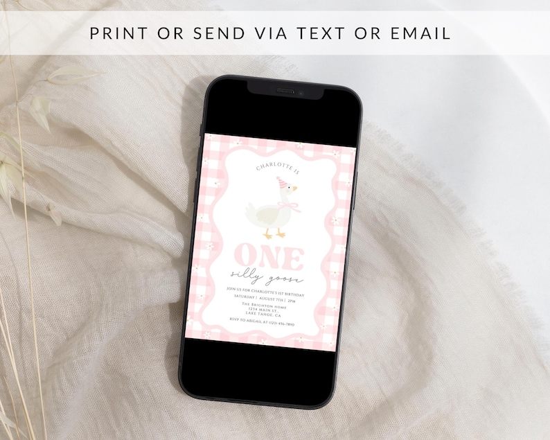 May include: A smartphone displays a pink and white invitation with the text "ONE silly goose" and a cartoon goose wearing a party hat. The invitation is framed with a pink gingham pattern. The phone is black and the background is white.