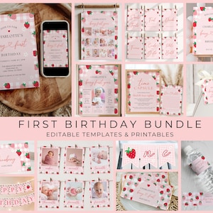 Beere Erster Geburtstag Bundle, Erdbeere 1. Geburtstag Mädchen-Party, druckbare Beere Erster Geburtstag Dekorationen A14
